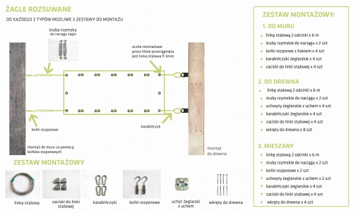 Instrucciones y kit de montaje para toldos vela correderos con cables de acero, mosquetones y soportes para madera o pared