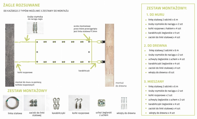 Instrucciones y kit de montaje para toldos vela correderos con cables de acero, mosquetones y soportes para madera o pared