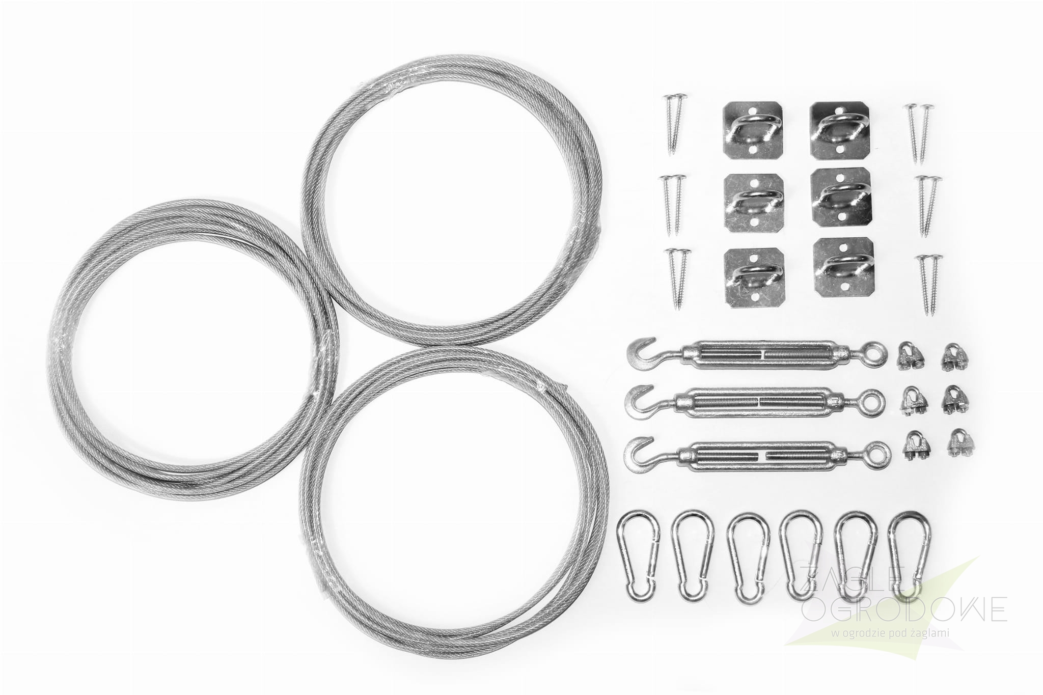 Kit de montage pour voile d'ombrage coulissante sur bois avec 3 câbles en acier, ridoirs, mousquetons et supports