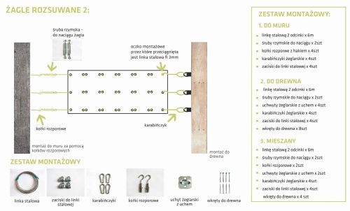 Instructions et kit de montage sur bois pour voile d'ombrage coulissante sur trois câbles d'acier avec fixations