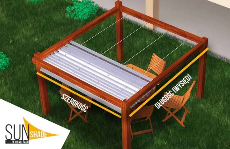 Visualisation de l'installation d'un store romain imperméable sur une pergola en bois avec marquage de la largeur et de la longueur.