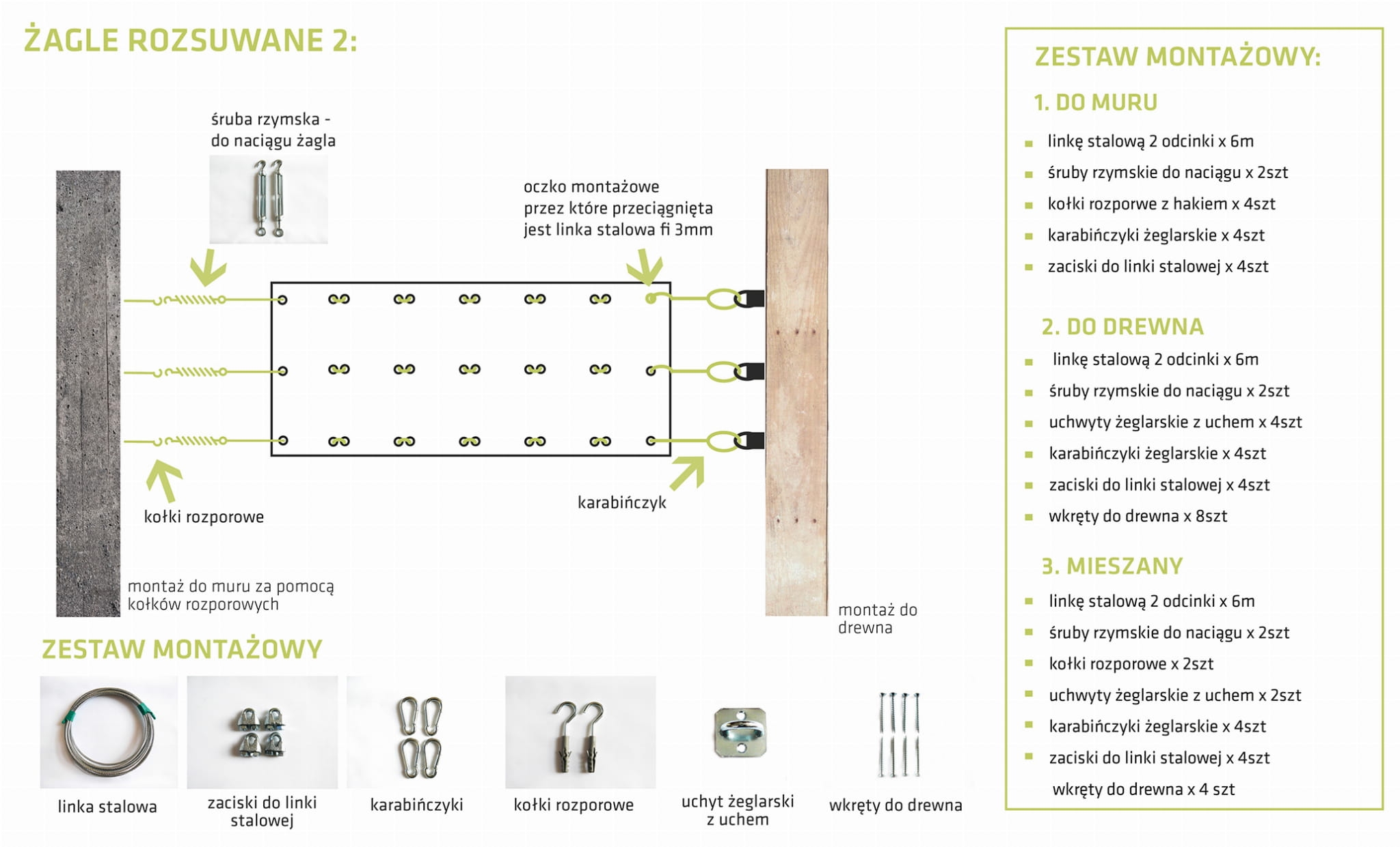 Montageanleitung für ausziehbares Sonnensegel an 3 Stahlseilen mit Liste der Installationselemente für Wand und Holz
