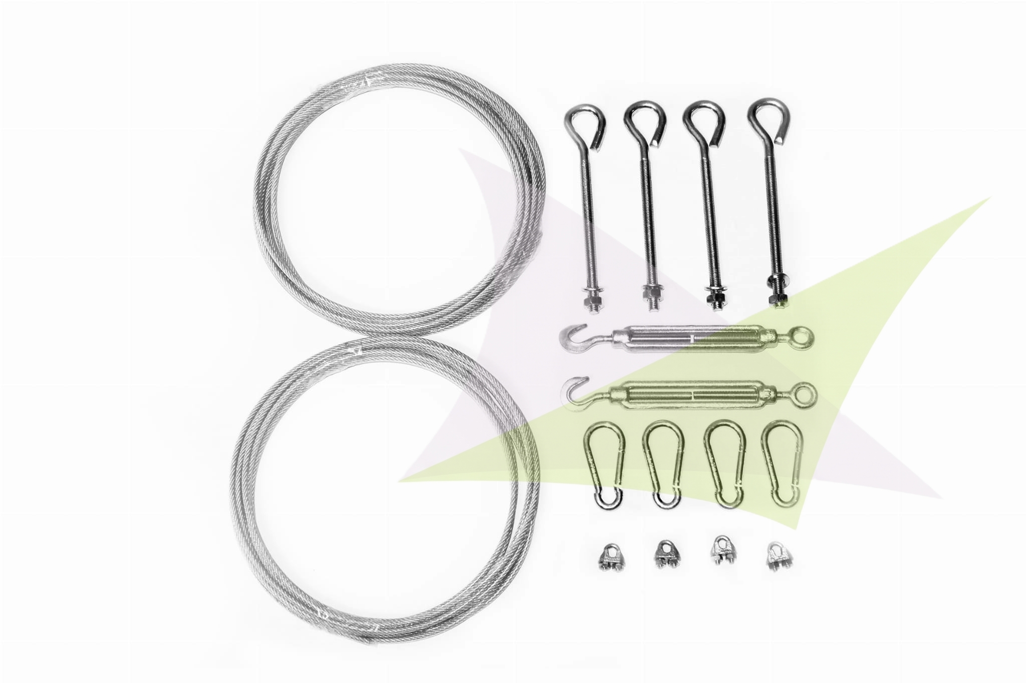 Montageset für ausziehbare Sonnensegel mit zwei Stahlseilen, Spannschlössern, Karabinern und Metallklemmen