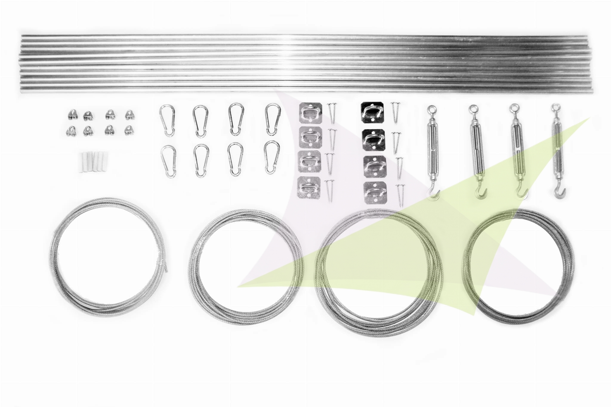 Komplettes Montageset für große Raffrollos auf Holz: Stäbe, Schnüre, Haken und Befestigungszubehör