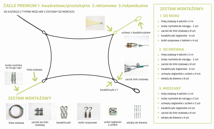 Kit de montaje para toldos vela con cable de acero, tensores y mosquetones en ilustración instructiva