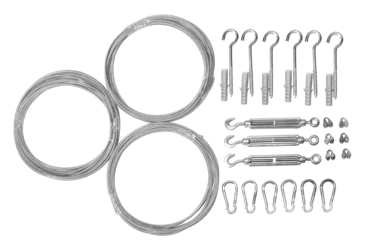 Kit de montage pour voile d'ombrage rétractable au mur avec 3 câbles en acier, ridoirs, mousquetons et crochets