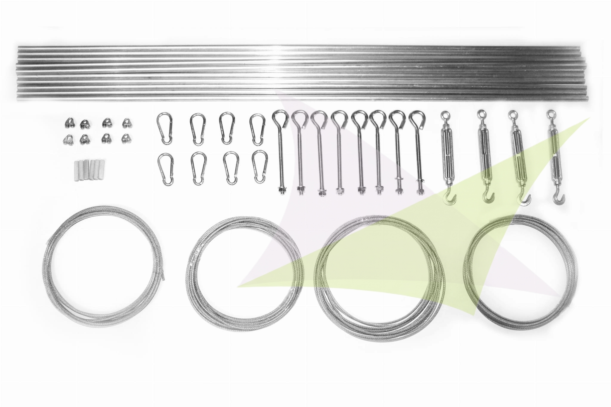 Montageset für Raffrollos mit Metallstäben, Seilen, Karabinern, Spannern und Ringschrauben