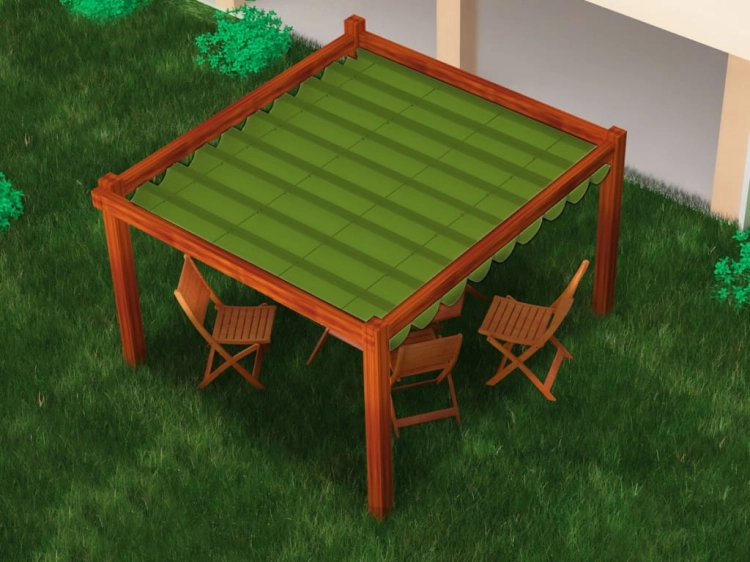 Pergola de terrasse marron 3x3 m avec store romain imperméable vert et chaises en bois sur l'herbe