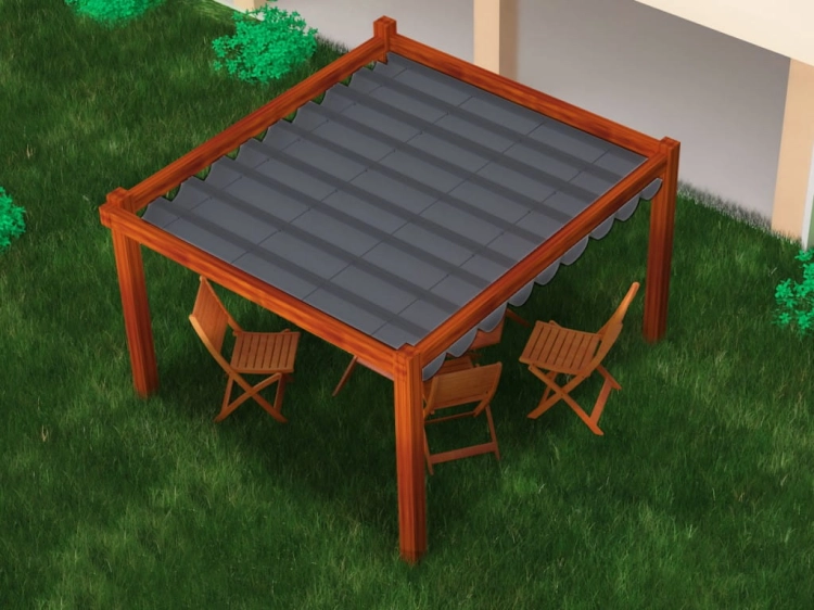 Store romain de terrasse 3x4 m sur pergola en bois avec chaises de jardin marron sur l'herbe