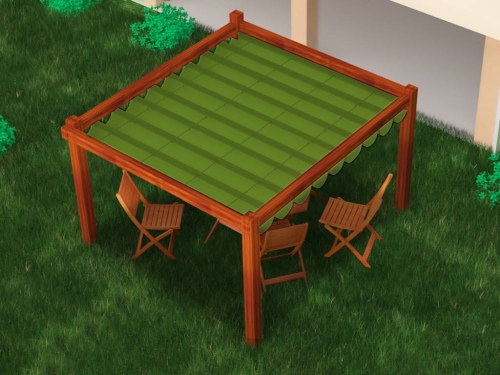 Store romain de terrasse imperméable vert 3x4 m sur une pergola en bois avec des chaises de jardin sur l'herbe
