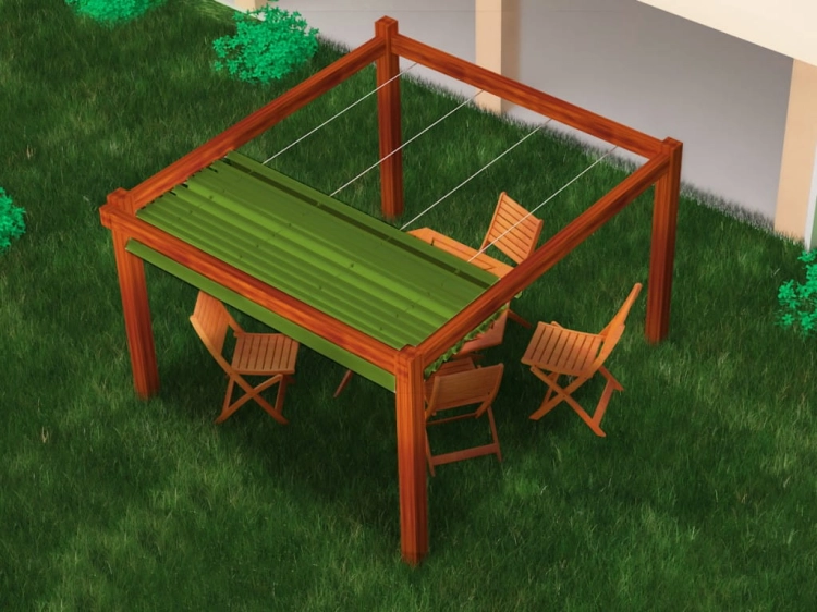Store romain de terrasse imperméable Premium 4x4 m vert sur pergola en bois avec mobilier de jardin