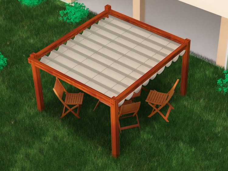 Pergola en bois avec store romain de terrasse blanc 4x4 m et salon de jardin sur la pelouse