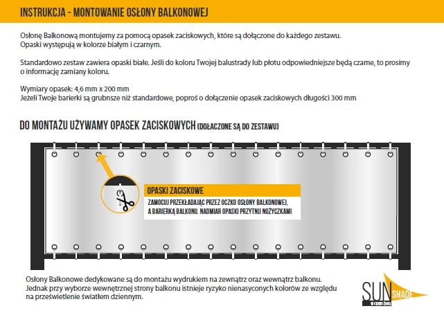 Instrukcja montażu osłony balkonowej premium na wymiar za pomocą opasek zaciskowych przekładanych przez gotowe oczka
