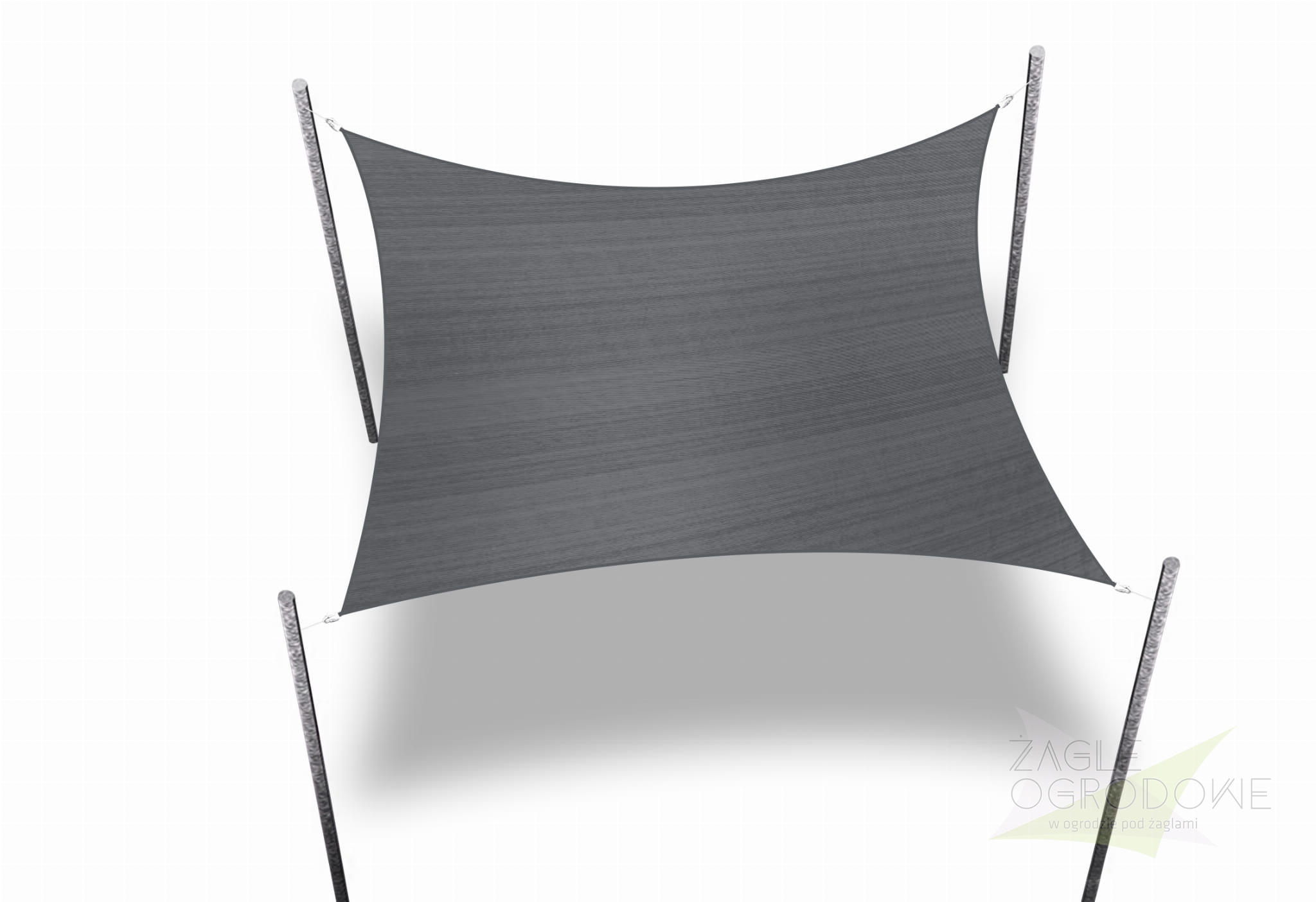 Toldo vela cuadrado 3x3 m en color gris, suspendido de cuatro mástiles sobre fondo blanco