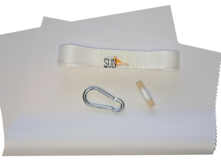 Reparaturset für Sonnensegel mit weißem Stoff, Klebeband, Karabiner und Nadel mit Faden
