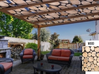 Bande de pavillon imperméable avec impression de grain de bois montée sur une pergola en bois au-dessus d'une terrasse avec mobilier de jardin