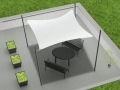 Voile d'ombrage rectangulaire blanc 3,2x2,5 m monté sur poteaux au-dessus de meubles de terrasse noirs