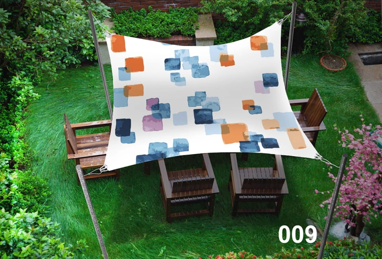 Voile d'ombrage imperméable 3x5 m avec motif carré décoratif, installée au-dessus de meubles de jardin en bois
