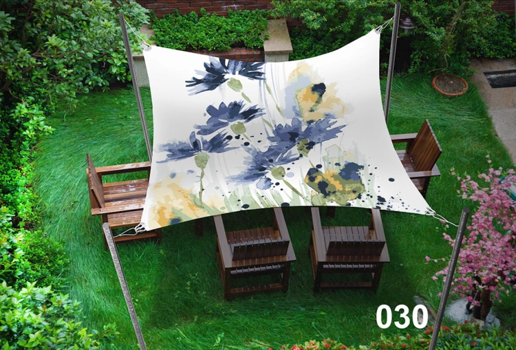Voile d'ombrage imperméable 3x5 m pour jardin avec impression artistique de fleurs bleues au-dessus d'une terrasse