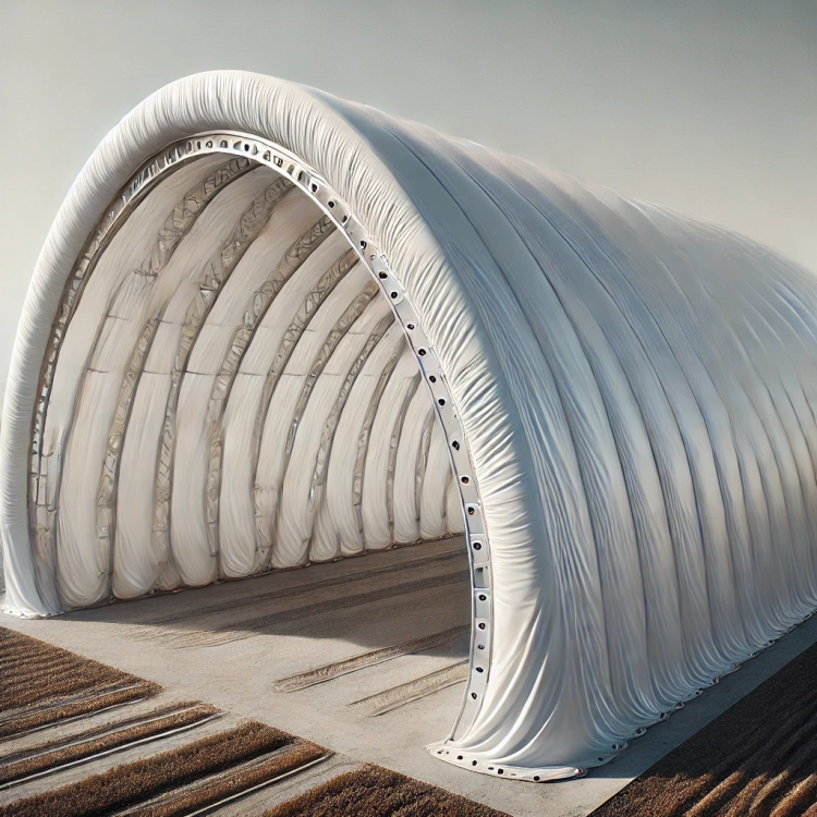 Biała plandeka na hangar łukowy wykonana na wymiar, chroniąca wnętrze konstrukcji przed warunkami atmosferycznymi
