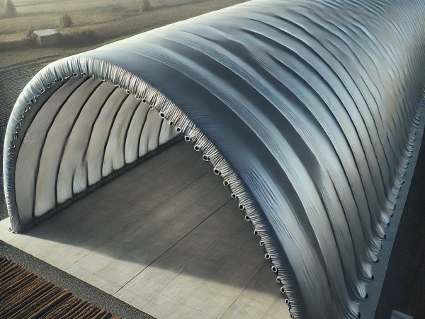 Bâche argentée robuste pour grand hangar en arc à structure modulaire, fabriquée sur mesure