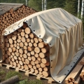 Telone beige su misura che copre una catasta di legna da ardere su pallet nel bosco