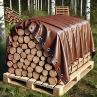 Braune Schutzplane über einem auf einer Palette im Wald gestapelten Brennholzstapel