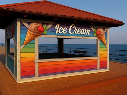 Dúhová plachta na terasu s reklamnou potlačou Ice Cream, vyrobená na mieru pre gastronomickú prevádzku