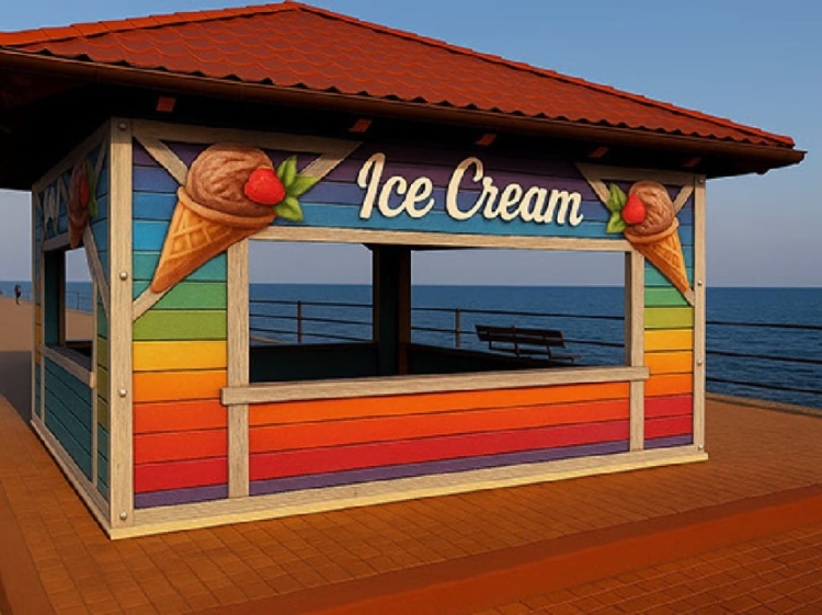 Dúhová plachta na terasu s reklamnou potlačou Ice Cream, vyrobená na mieru pre gastronomickú prevádzku
