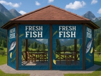 Plachta na terasu s potlačou Fresh Fish, chrániaca altánok s výhľadom na hory a cateringové stoly