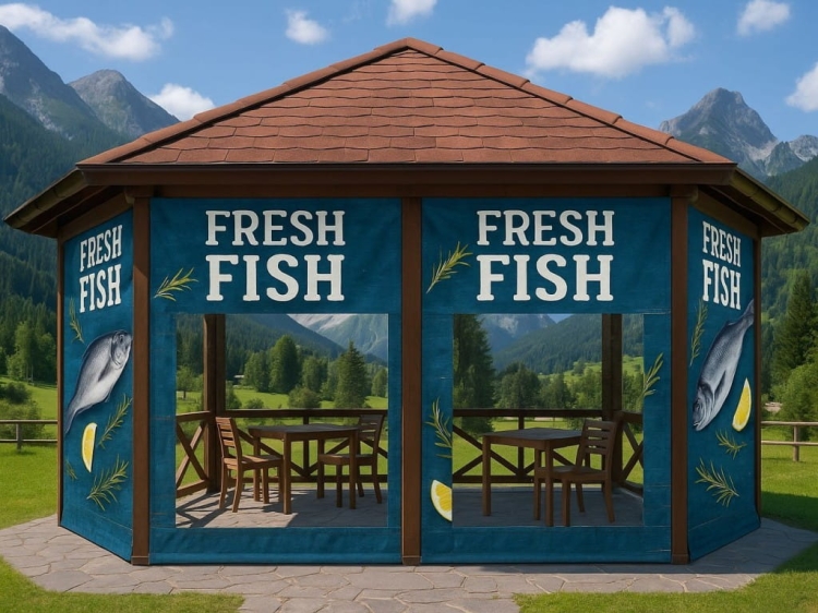 Plachta na terasu s potlačou Fresh Fish, chrániaca altánok s výhľadom na hory a cateringové stoly