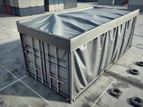 Grijze containerzeil op maat dat de bovenkant en zijkanten van een grote metalen transportcontainer bedekt