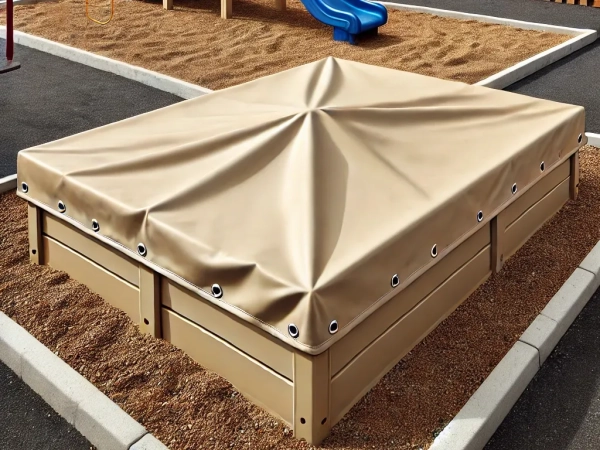 Housse de bac à sable beige sur mesure avec ferrures métalliques, protégeant le sable des impuretés
