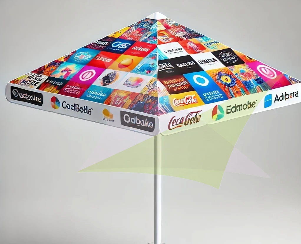 Parasol reklamowy na eventy z kolorowym nadrukiem mozaikowym i logotypami na białym stelażu