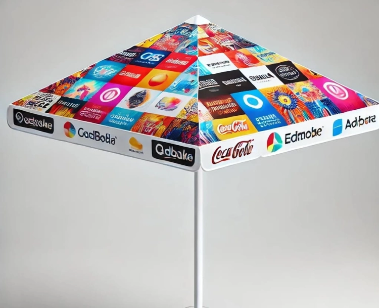 Parasol reklamowy na eventy z kolorowym nadrukiem mozaikowym i logotypami na białym stelażu