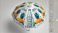 Witte reclameparasol met print van tropisch fruit en drankjes, ideaal voor de tuin of het terras