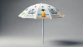 Biały parasol reklamowy z nadrukiem tropikalnego drinka i napisem Tropic Tropical Design na szarym tle