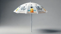 Parasol publicitaire blanc avec impression d'une boisson tropicale et texte Tropic Tropical Design sur fond gris