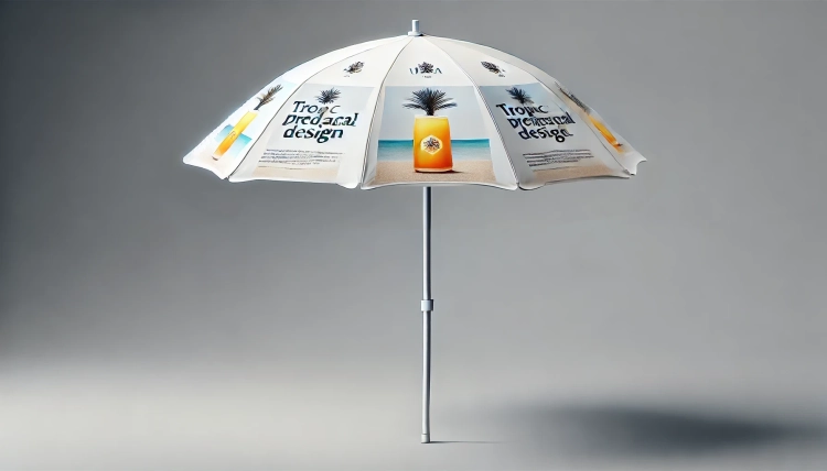 Biały parasol reklamowy z nadrukiem tropikalnego drinka i napisem Tropic Tropical Design na szarym tle