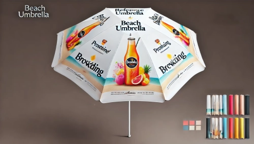 Biały parasol reklamowy z nadrukiem letniego napoju, owoców i plaży oraz próbnikami kolorów obok.