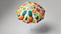 Parasol reklamowy ogrodowy z kolorowym wzorem w owoce, takie jak ananasy, pomarańcze i limonki na białym tle