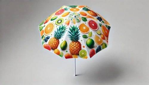 Parasol reklamowy ogrodowy z kolorowym wzorem w owoce, takie jak ananasy, pomarańcze i limonki na białym tle