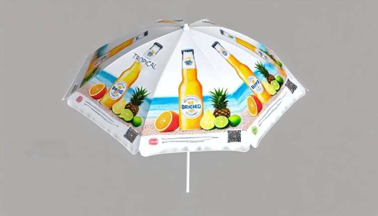 Biały parasol reklamowy z nadrukiem tropikalnych owoców i napojów na tle plaży, idealny do ogrodu i gastronomii