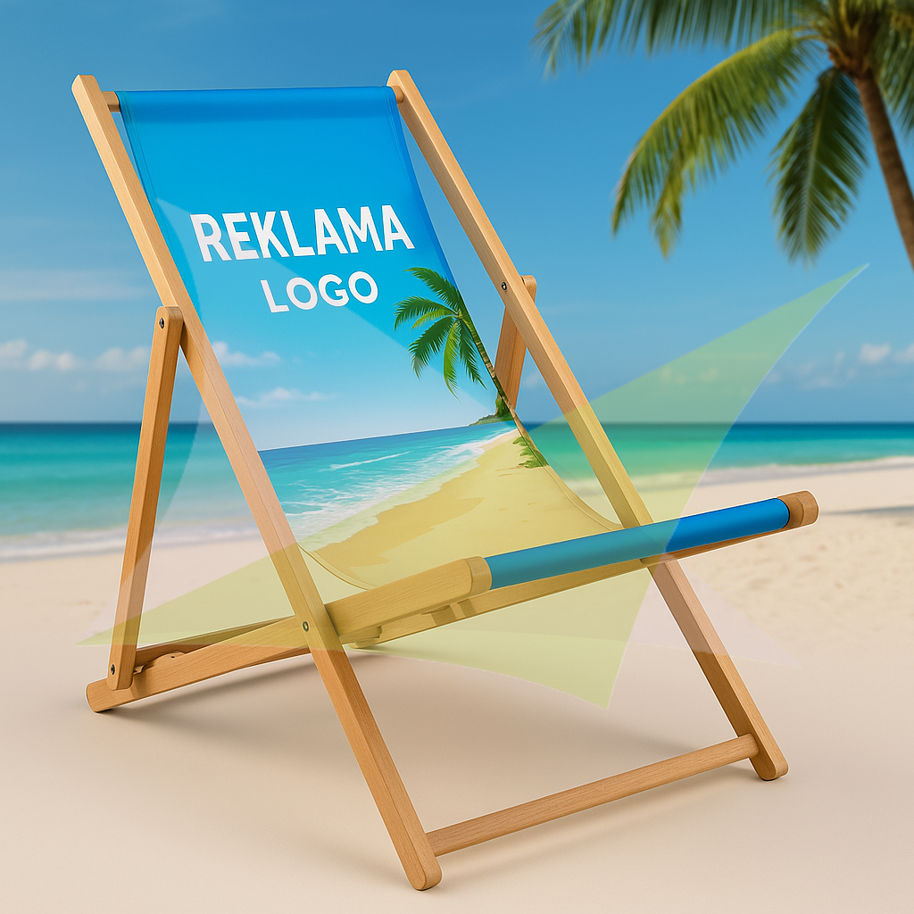 Drewniany leżak reklamowy z nadrukiem full color na tle tropikalnej plaży z palmą