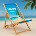 Transat publicitaire en bois avec impression couleur sur fond de plage tropicale et palmier