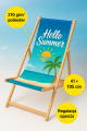Houten reclamestrandstoel met Hello Summer opdruk, strand en palmboom, afmetingen 41x105 cm, polyester stof 210 g/m2