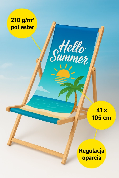 Drewniany leżak reklamowy z nadrukiem Hello Summer, plażą i palmą, wymiary 41x105 cm, tkanina poliestrowa 210 g/m2