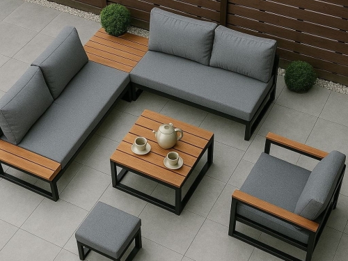 Ensemble de mobilier de jardin gris en bois et métal, avec coussins imperméables sur mesure et banc