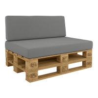 Canapé en palettes avec coussins gris imperméables sur mesure pour jardin ou terrasse