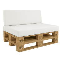 Canapé de jardin avec coussins clairs et imperméables sur une base en europalettes EPAL en bois sur fond blanc
